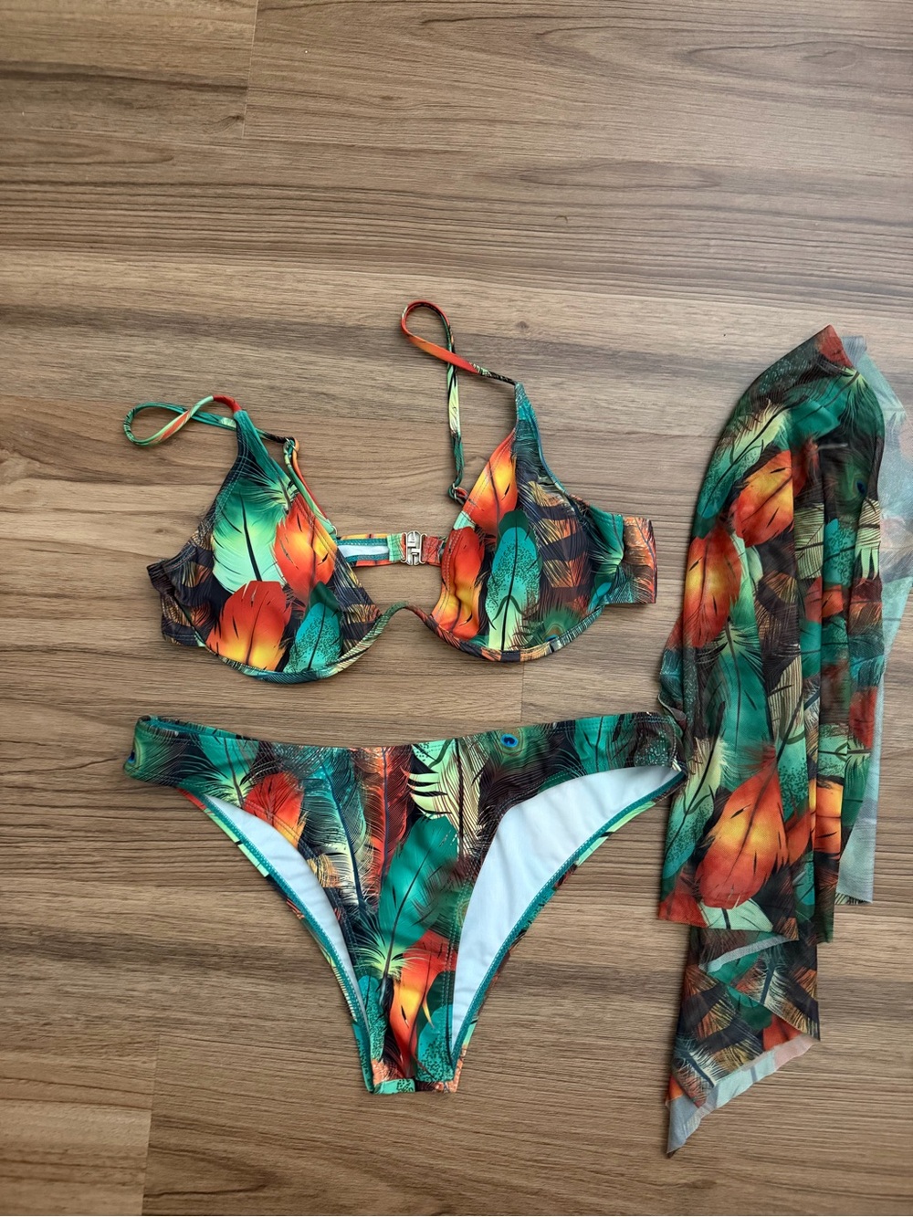 SHEIN Green Teal Orange Tropical Feather Print Bikini Set